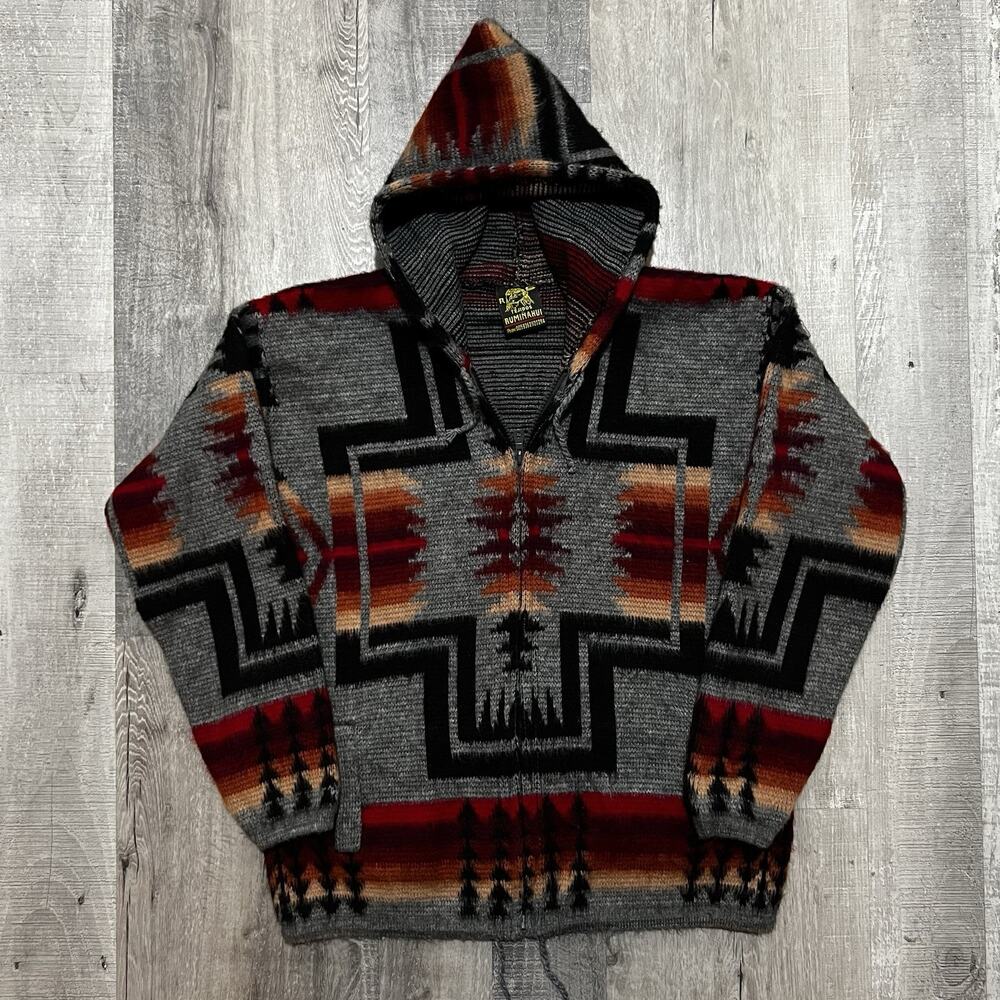 Tejidos Ruminahui Aztec Sweater Hoodie Alpaca Wool Red Ecuador Southwestern Sz S - Picture 1 of 4